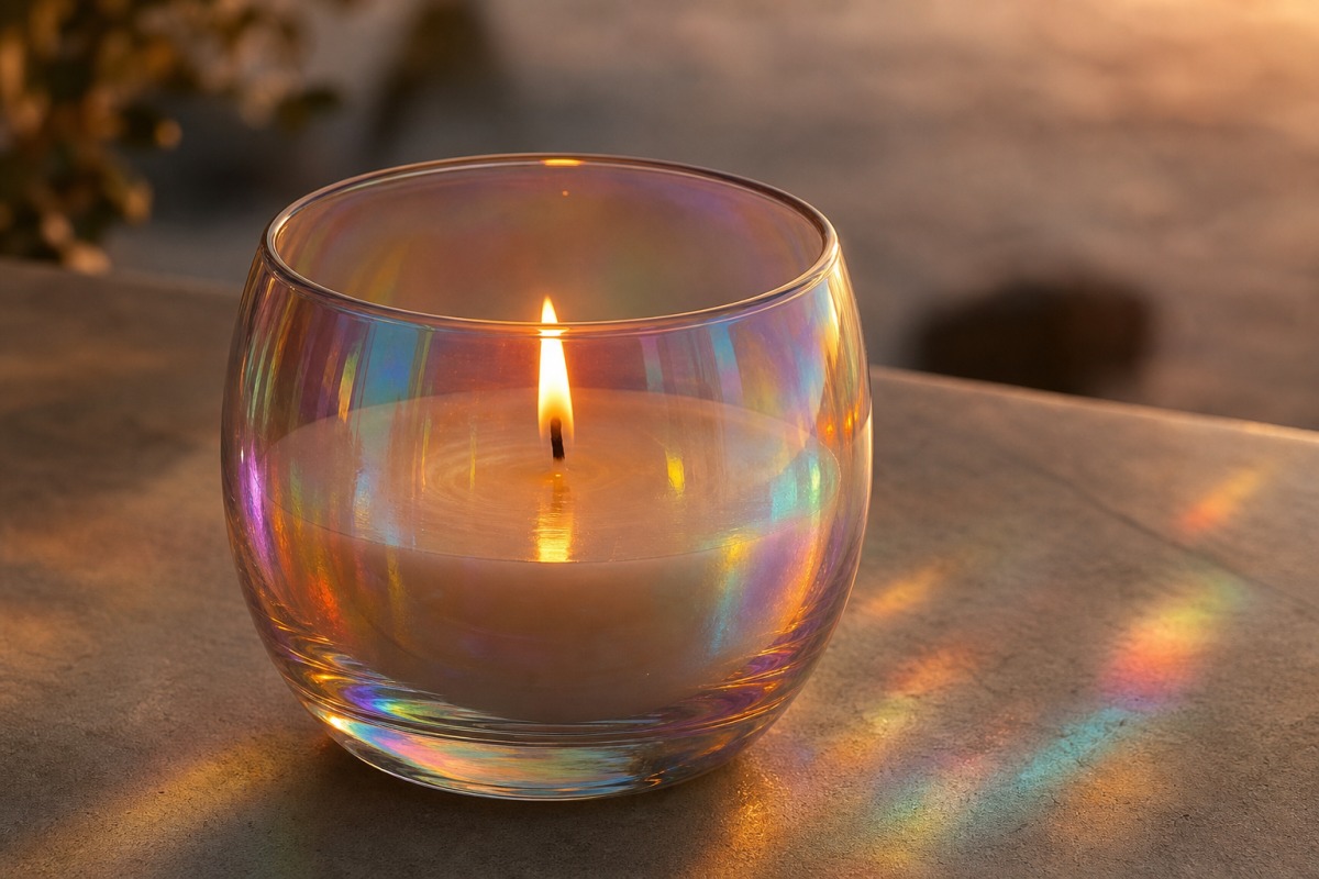 Saubere pflanzliche Kerze, die in holografischem dichroitischem Glas brennt, das das Flammenlicht in Regenbogenreflexe bricht.