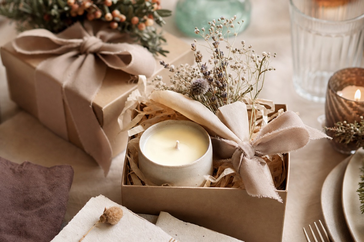 Handgefertigte Kerze, bereitgestellt als Geschenk auf einer festlich gedeckten Tafel