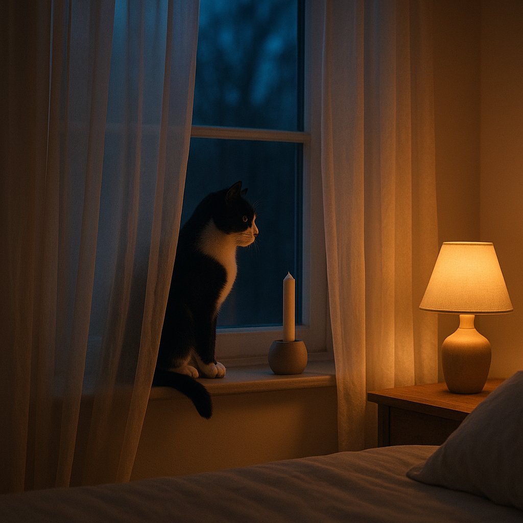 Katze, die auf einer Wolldecke am Fenster im Wohnzimmer mit gedämpftem Morgenlicht schläft, Kerze im Hintergrund auf einem hohen Regal in sicherer Entfernung