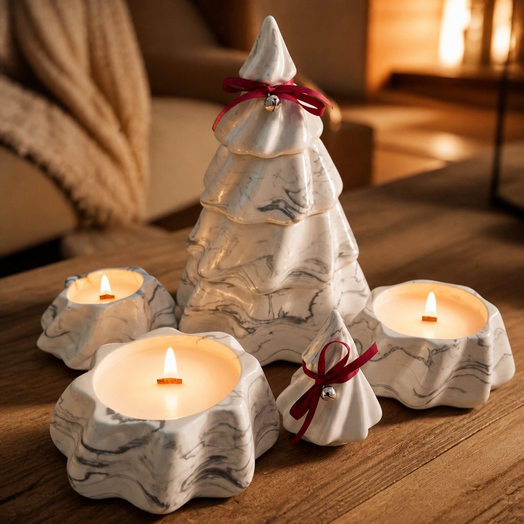 Kerze Christmas Tree - Weiß / Silber / Winterzauber, Lebkuchen, Weihnachtsgebäck