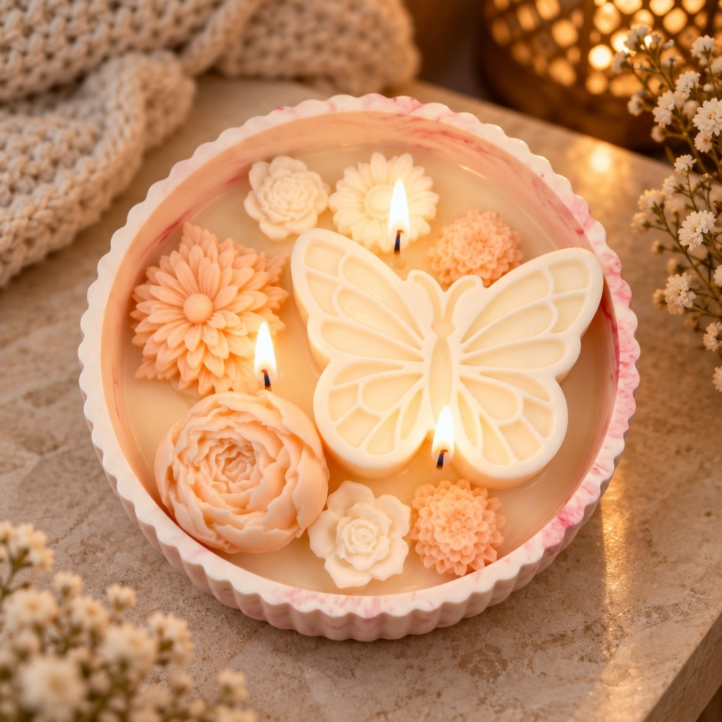 Kerze Schmetterlingsbrise - Weiß / Rosa / Milch, Honig